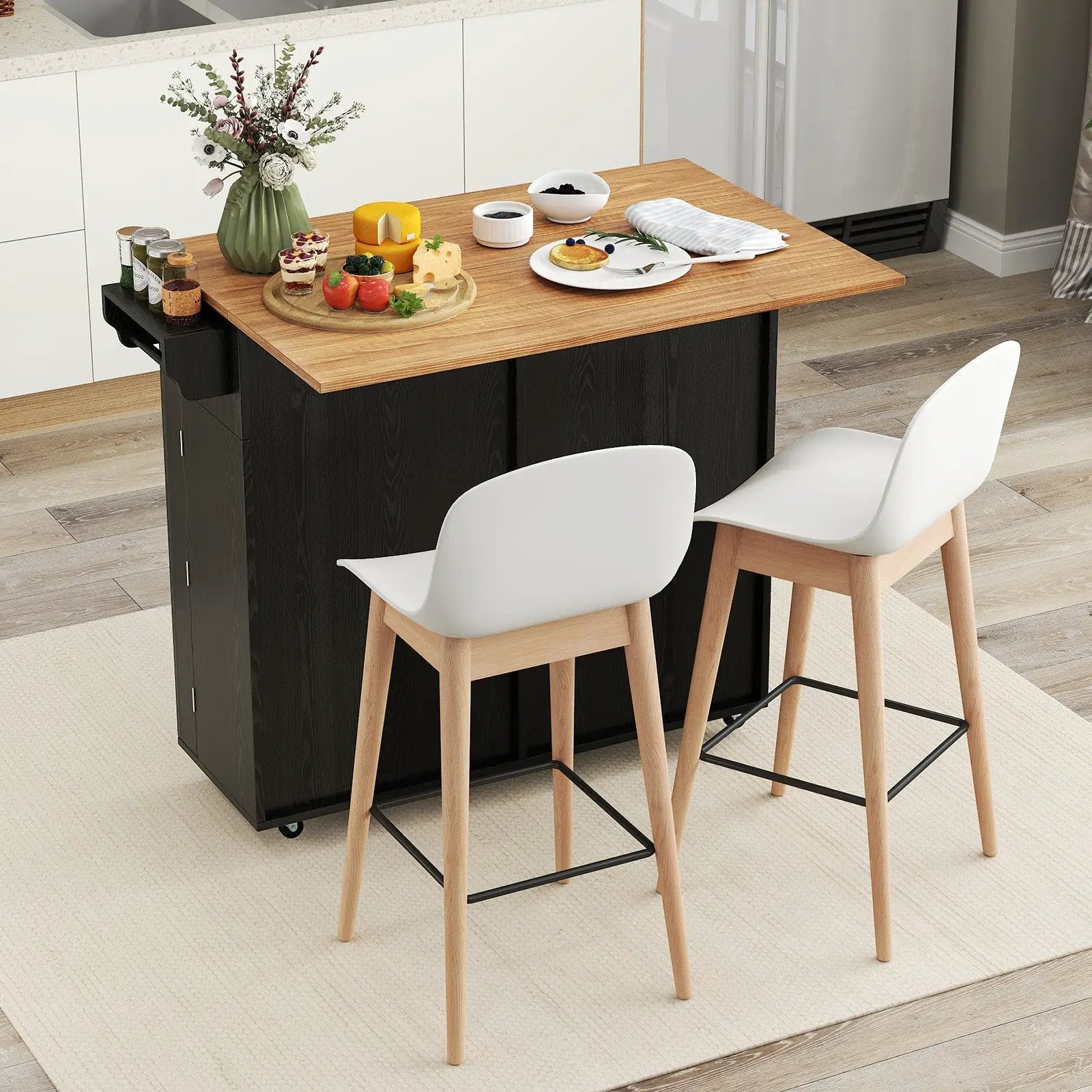 Rolling Kitchen Island with Trash Can Cabinet and Rubber Universal Wheels by DirectDeals