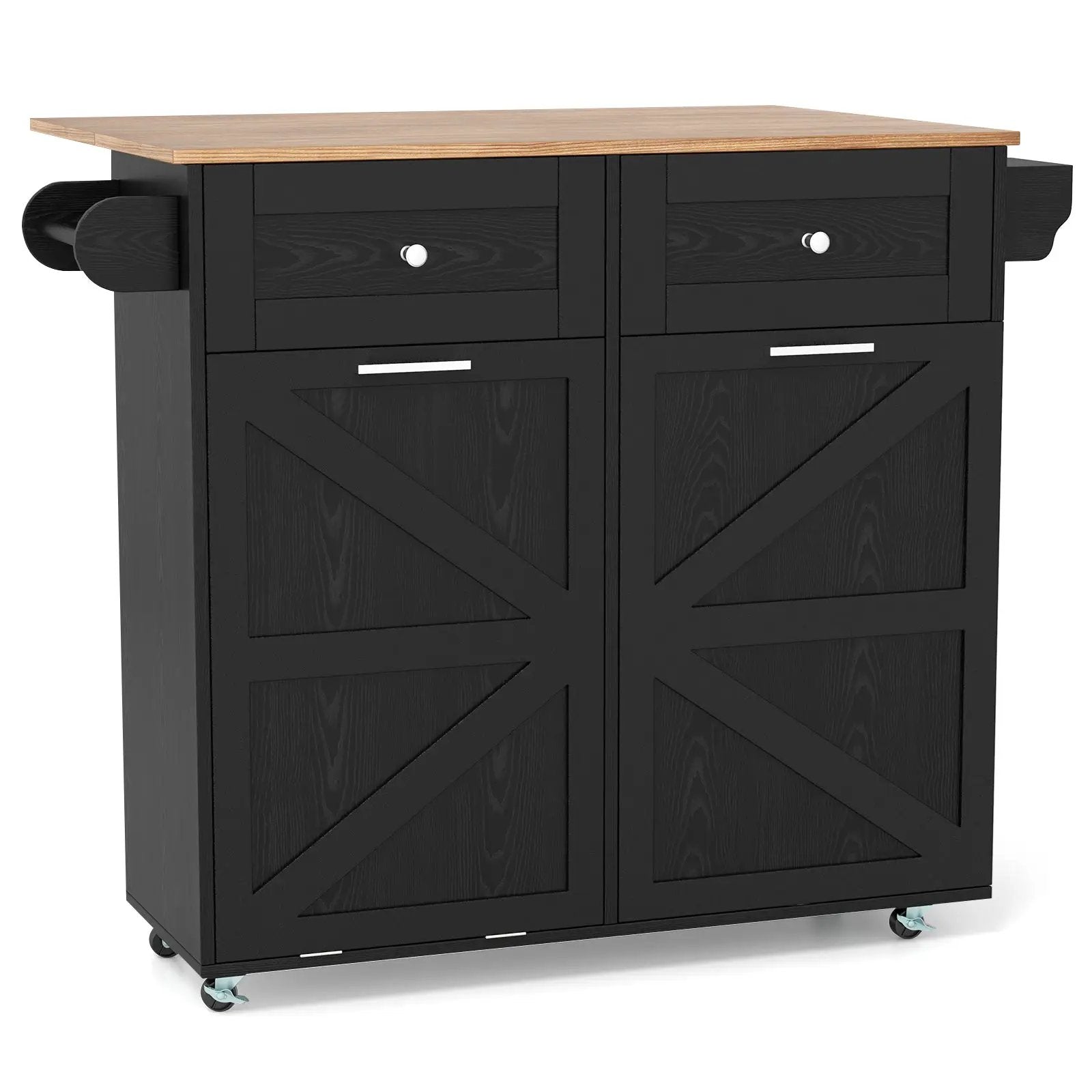Rolling Kitchen Island with Trash Can Cabinet and Rubber Universal Wheels by DirectDeals