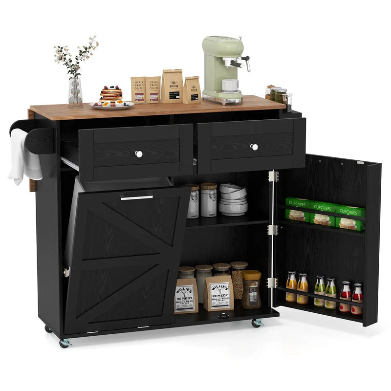 Rolling Kitchen Island with Trash Can Cabinet and Rubber Universal Wheels by DirectDeals