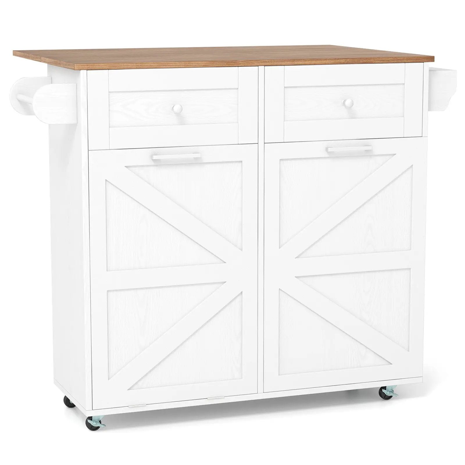 Rolling Kitchen Island with Trash Can Cabinet and Rubber Universal Wheels by DirectDeals