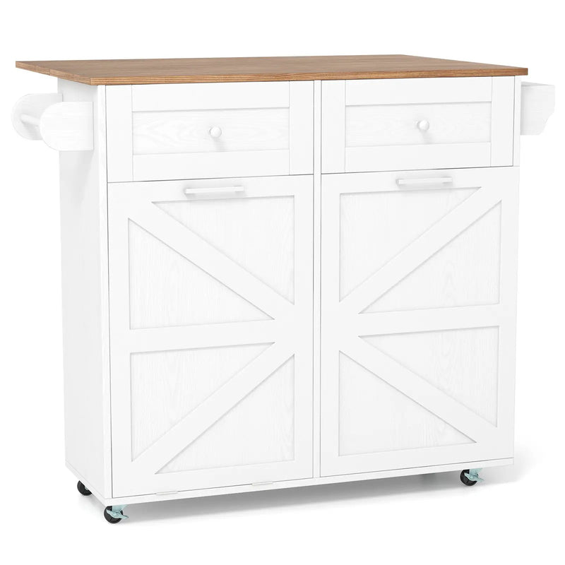 Rolling Kitchen Island with Trash Can Cabinet and Rubber Universal Wheels by DirectDeals