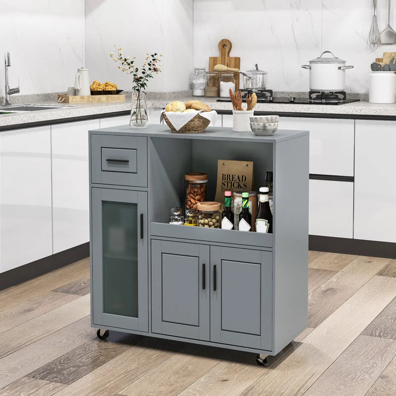 Rolling Kitchen Island with Wheels Drawer and Glass Door Cabinet-Gray by DirectDeals