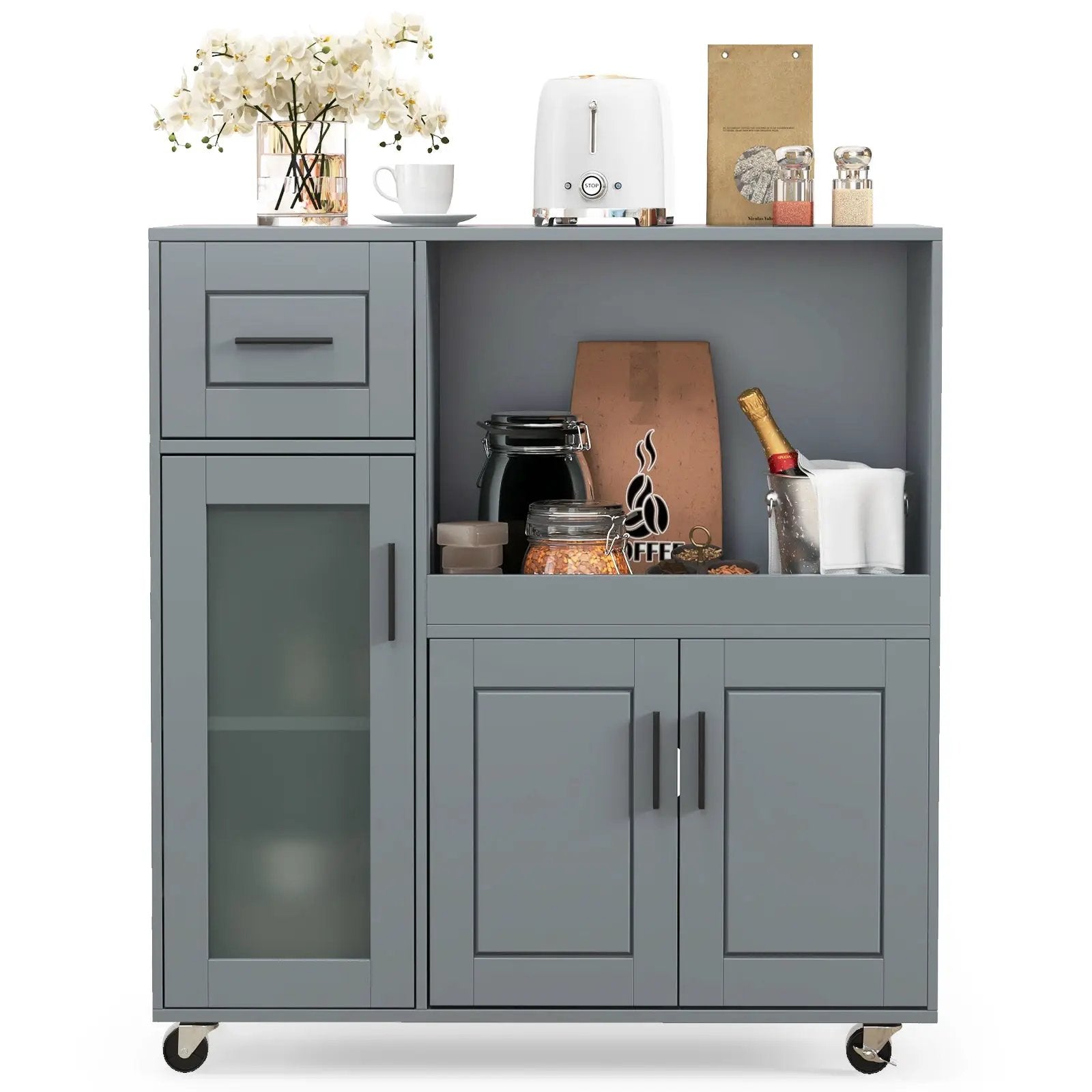 Rolling Kitchen Island with Wheels Drawer and Glass Door Cabinet-Gray by DirectDeals