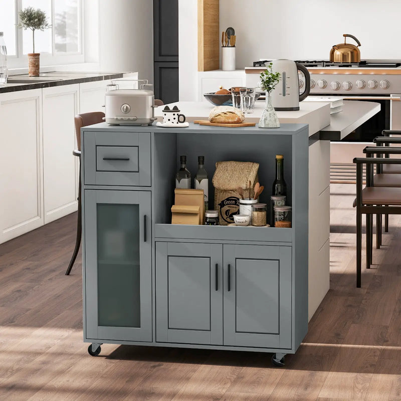 Rolling Kitchen Island with Wheels Drawer and Glass Door Cabinet-Gray by DirectDeals