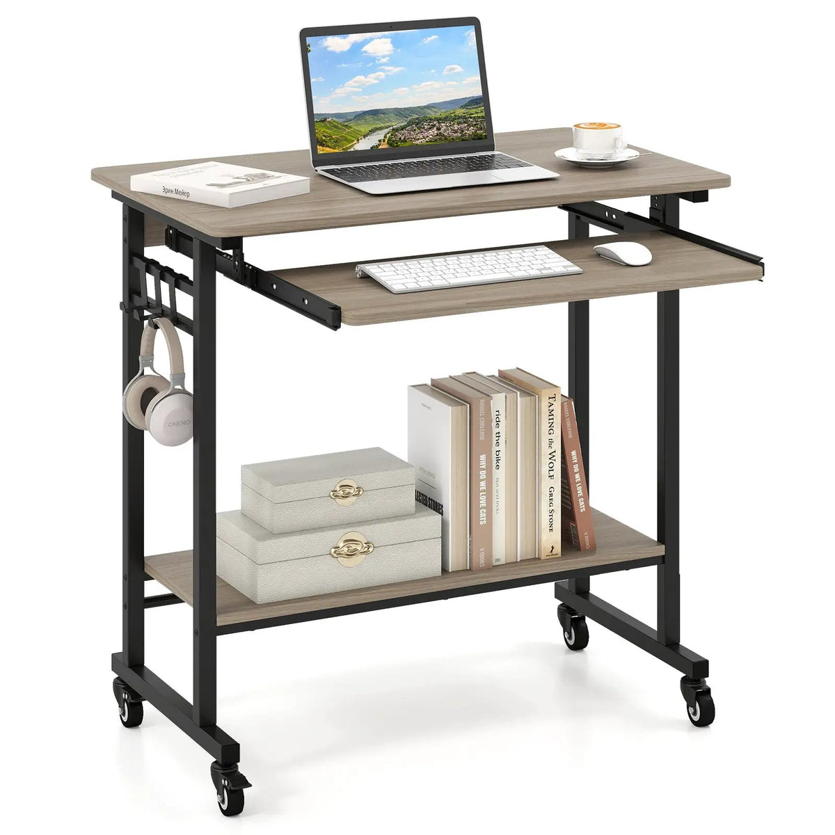Rolling Laptop Table with Pull-out Keyboard Tray and Hooks, photo 9 of 10