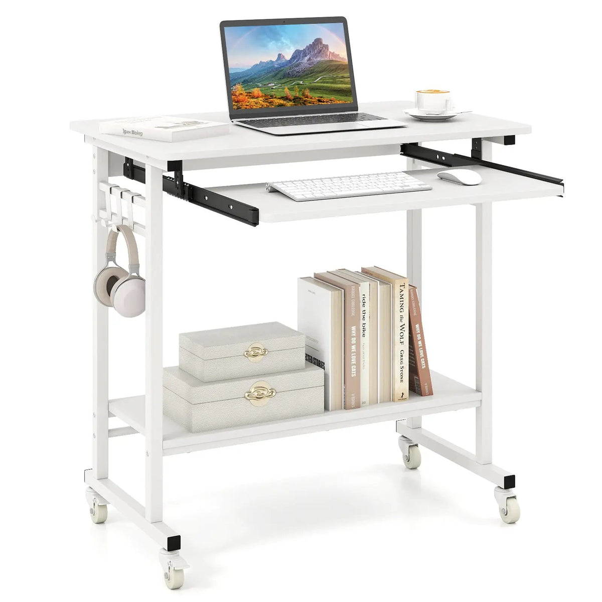 Rolling Laptop Table with Pull-out Keyboard Tray and Hooks, photo 10 of 10