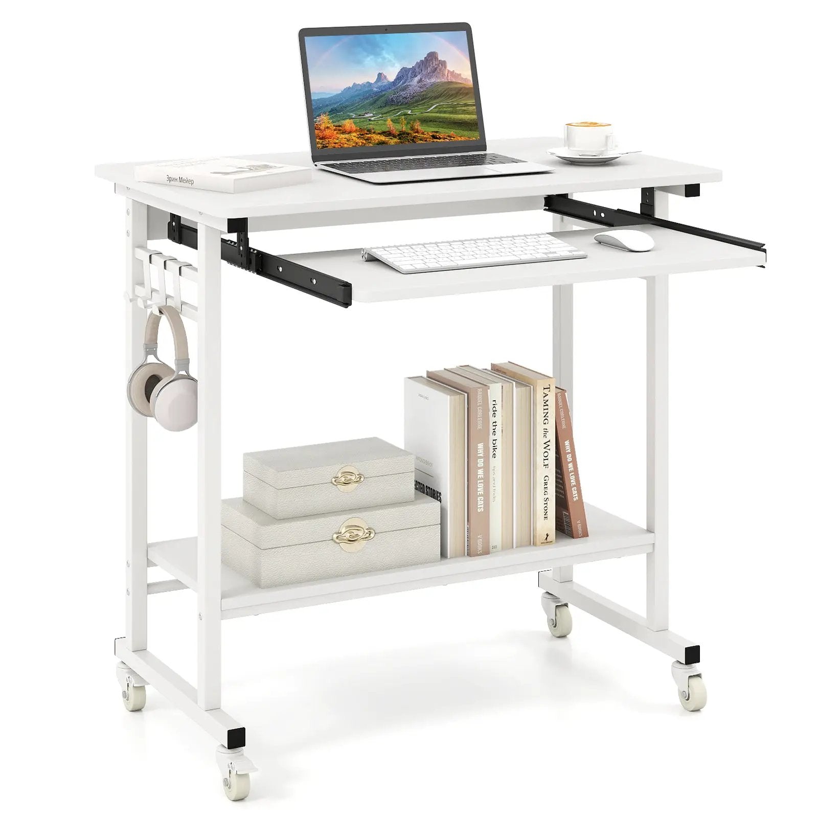 Rolling Laptop Table with Pull-out Keyboard Tray and Hooks by DirectDeals