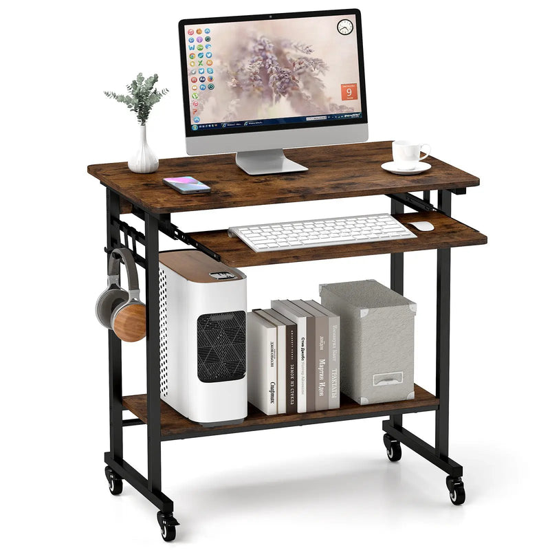 Rolling Laptop Table with Pull-out Keyboard Tray and Hooks by DirectDeals