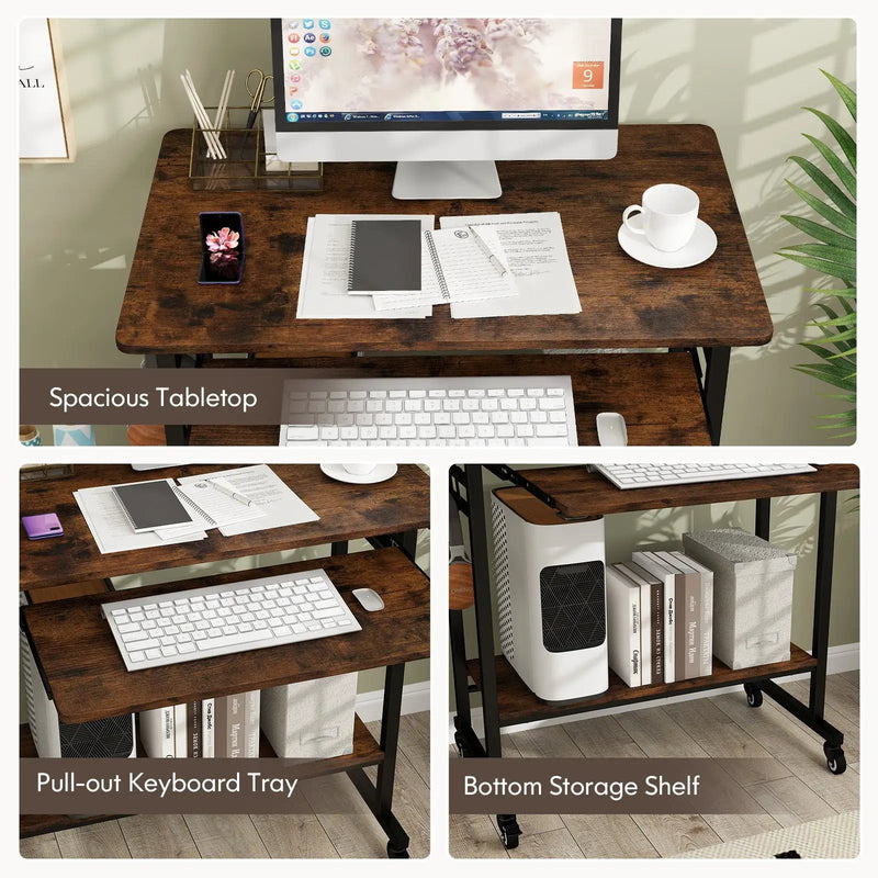 Rolling Laptop Table with Pull-out Keyboard Tray and Hooks by DirectDeals