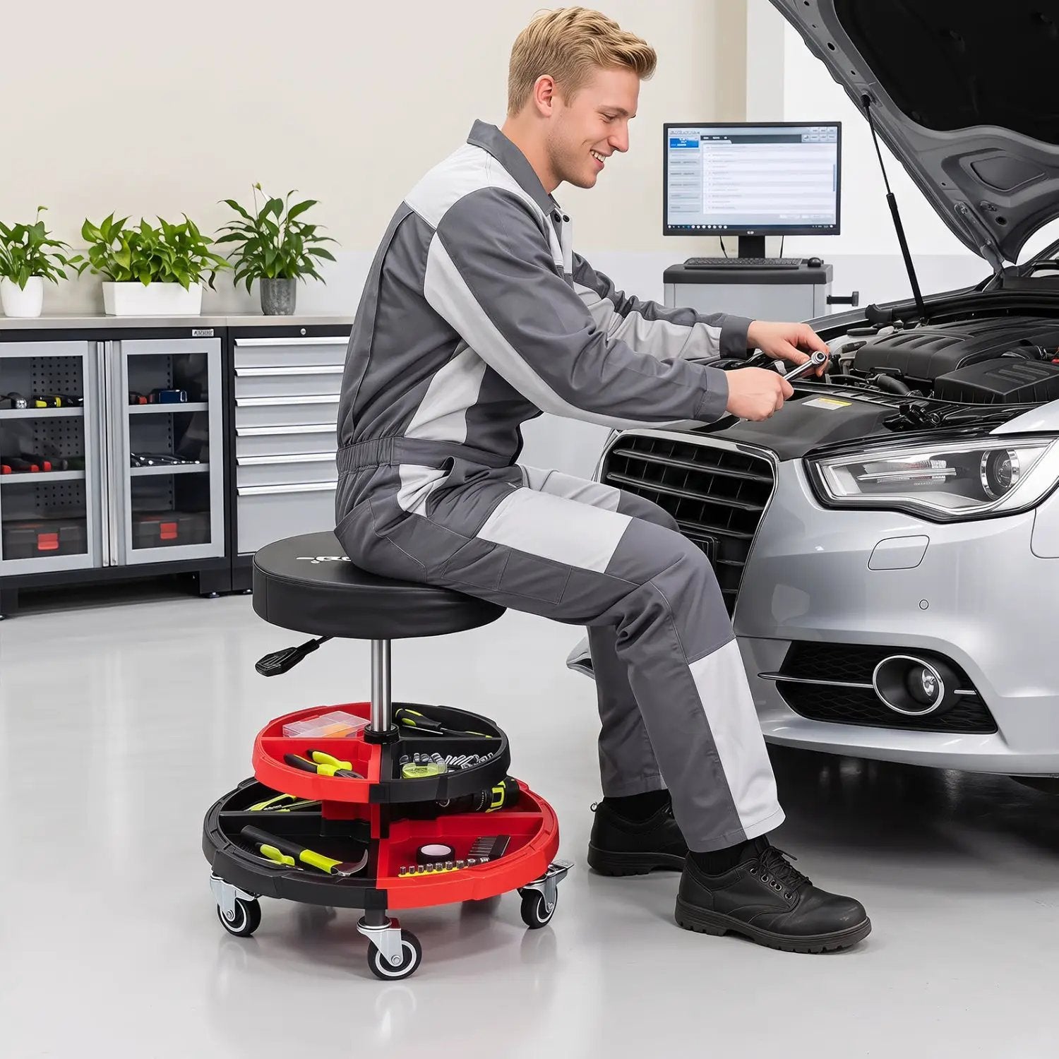 Rolling Mechanic Stool with Adjustable Height and Tool Trays by DirectDeals