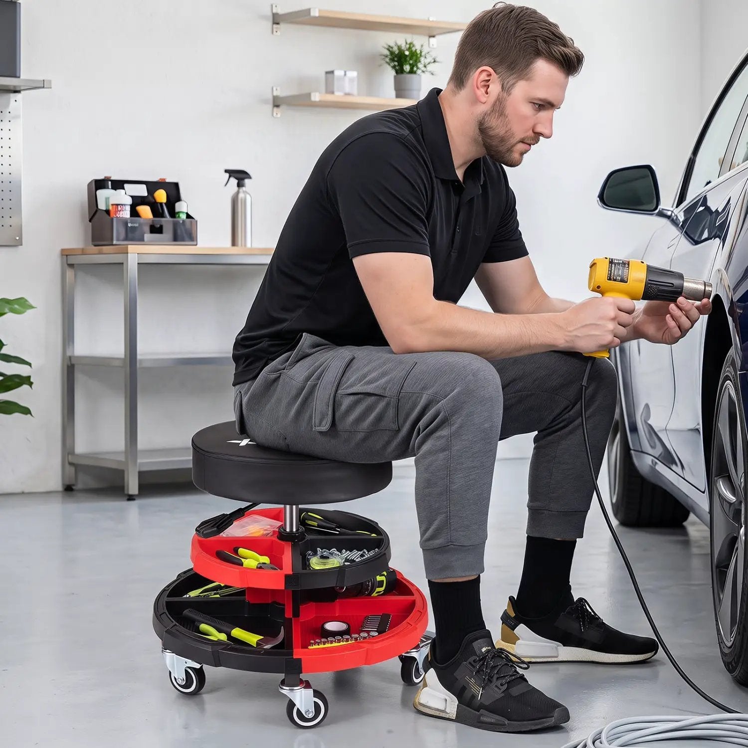 Rolling Mechanic Stool with Adjustable Height and Tool Trays by DirectDeals