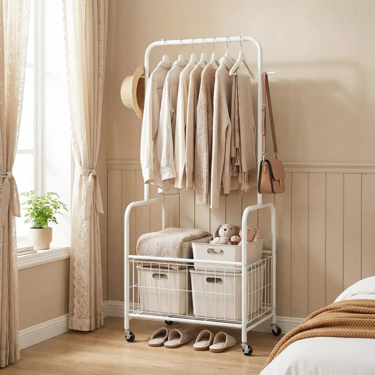 Rolling Metal Clothes Rack with Hanging Rod and Storage Basket, photo 2 of 9