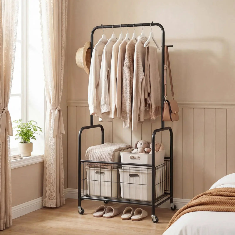Rolling Metal Clothes Rack with Hanging Rod and Storage Basket by DirectDeals