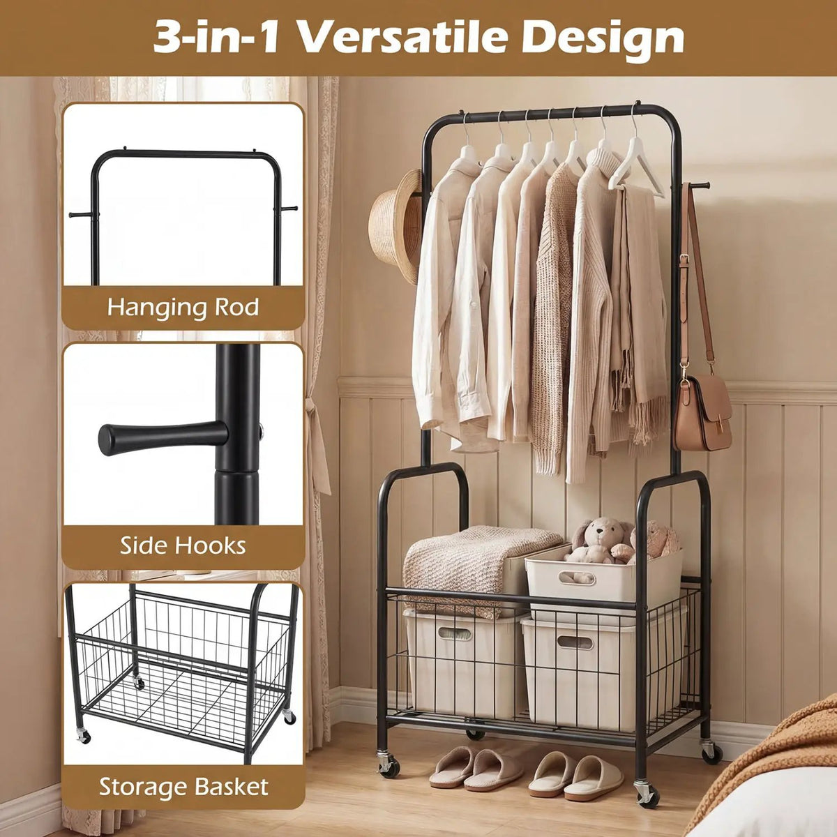 Rolling Metal Clothes Rack with Hanging Rod and Storage Basket, photo 8 of 9