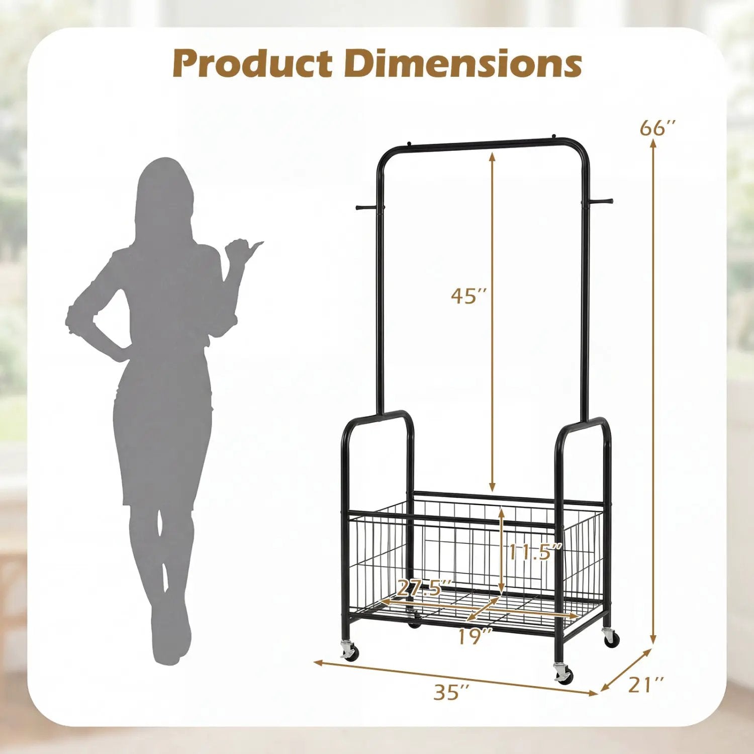 Rolling Metal Clothes Rack with Hanging Rod and Storage Basket by DirectDeals