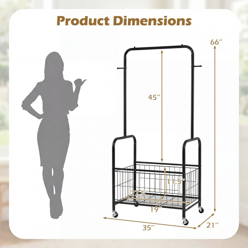 Rolling Metal Clothes Rack with Hanging Rod and Storage Basket by DirectDeals