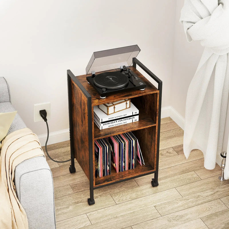 Mobile Record Player Stand with Power Outlet-Rustic Brown by DirectDeals