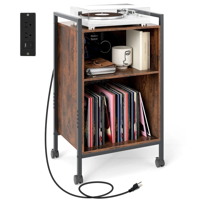 Mobile Record Player Stand with Power Outlet-Rustic Brown by DirectDeals
