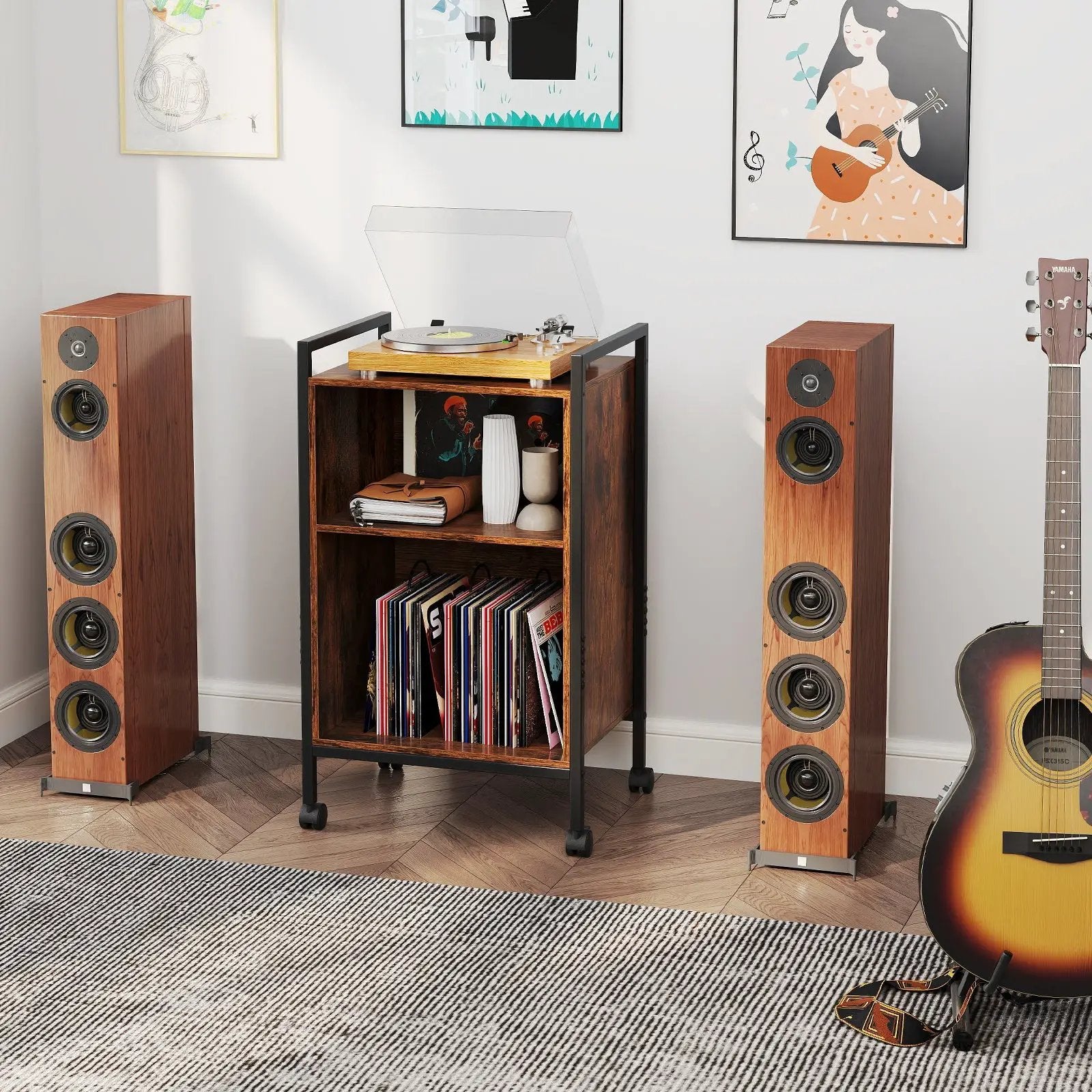 Mobile Record Player Stand with Power Outlet-Rustic Brown by DirectDeals