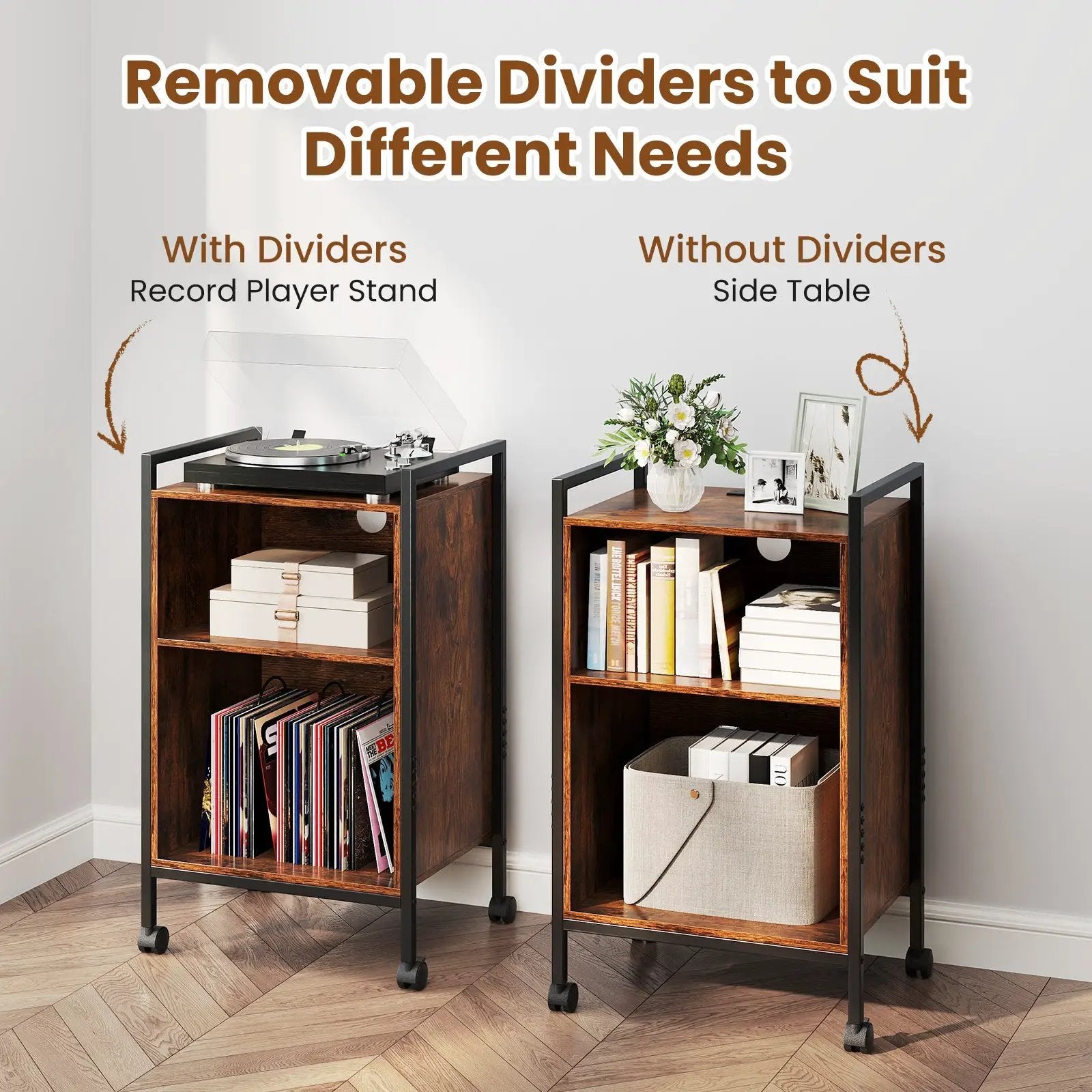 Mobile Record Player Stand with Power Outlet-Rustic Brown by DirectDeals