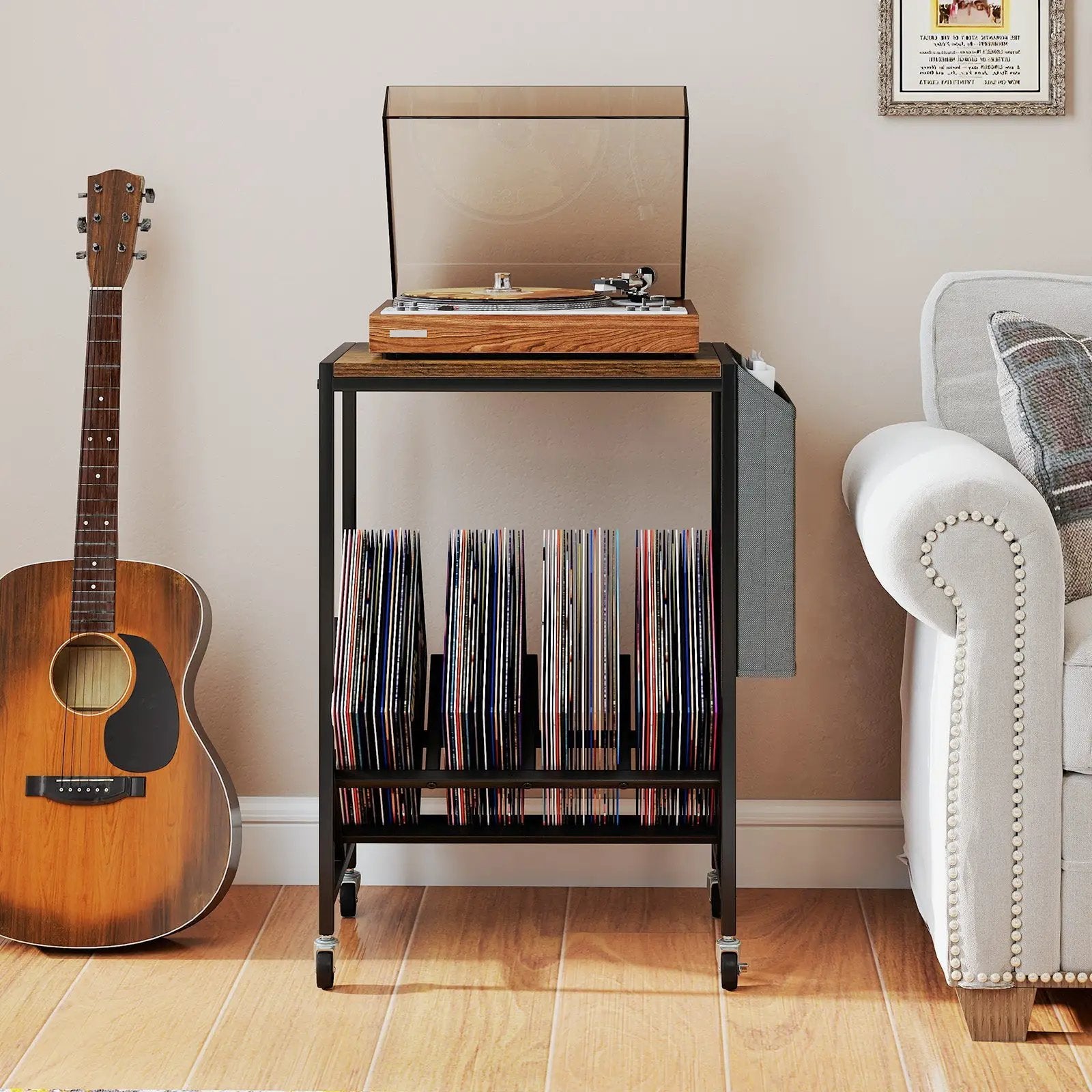 Rolling Record Player Stand 2-Tier with Vinyl Storage and Magazine Holder Bag by DirectDeals