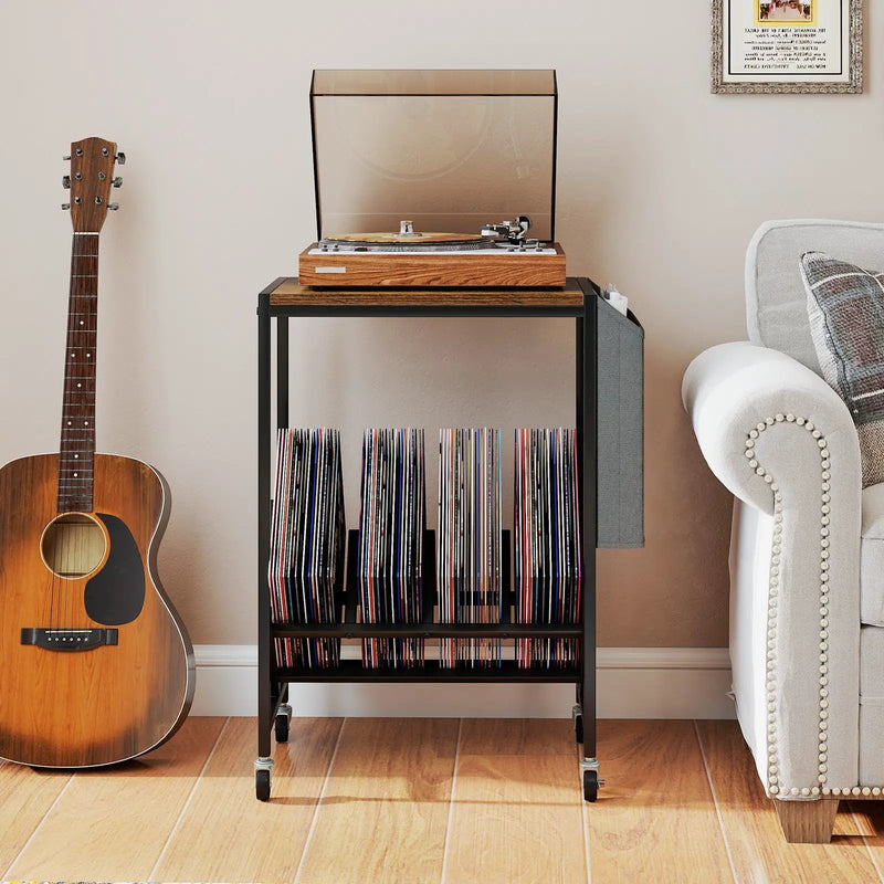 Rolling Record Player Stand 2-Tier with Vinyl Storage and Magazine Holder Bag by DirectDeals