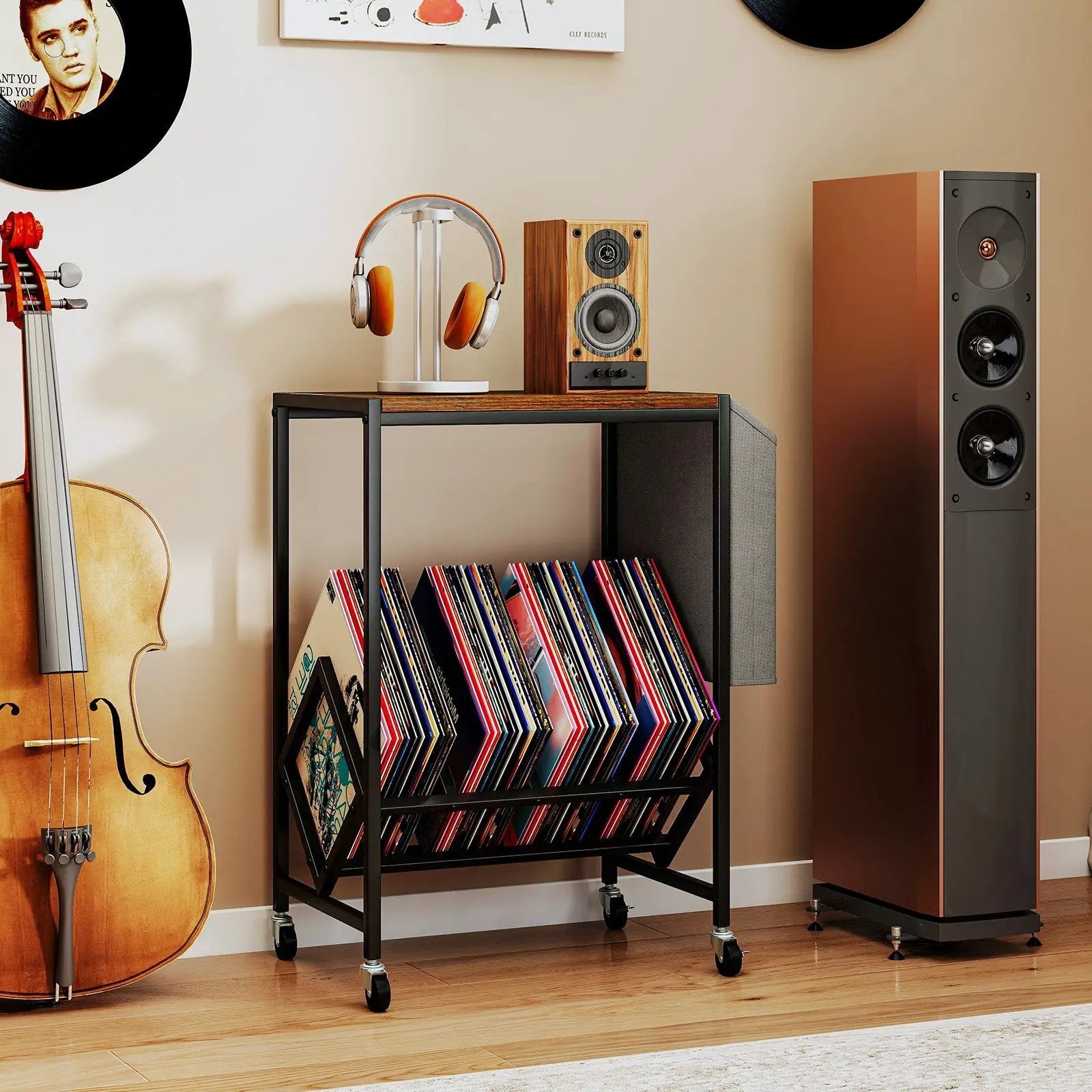 Rolling Record Player Stand 2-Tier with Vinyl Storage and Magazine Holder Bag by DirectDeals