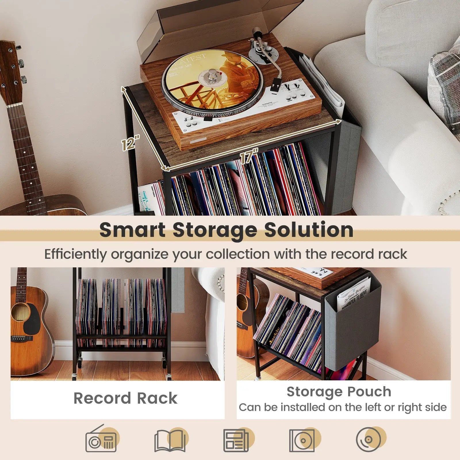 Rolling Record Player Stand 2-Tier with Vinyl Storage and Magazine Holder Bag by DirectDeals