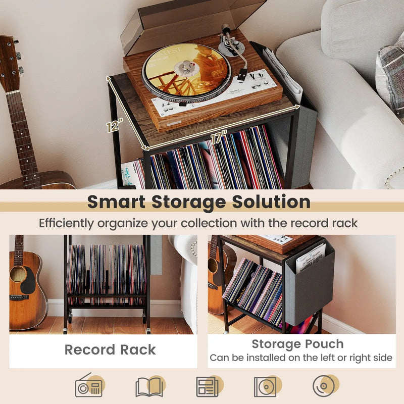 Rolling Record Player Stand 2-Tier with Vinyl Storage and Magazine Holder Bag by DirectDeals