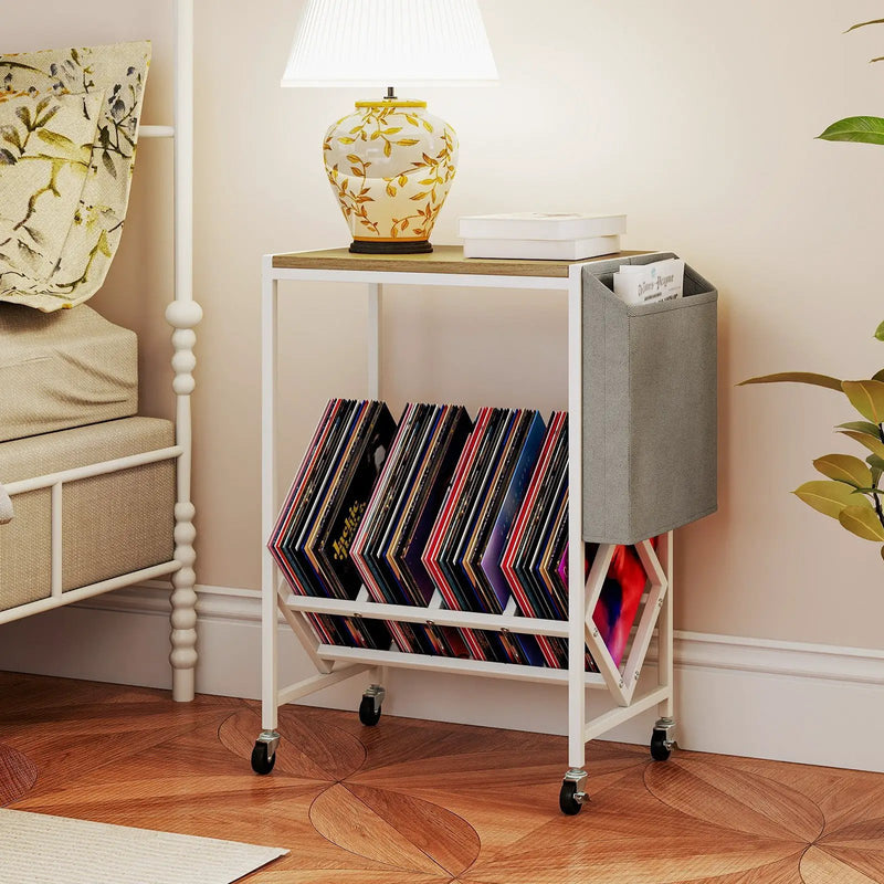 Rolling Record Player Stand 2-Tier with Vinyl Storage and Magazine Holder Bag by DirectDeals