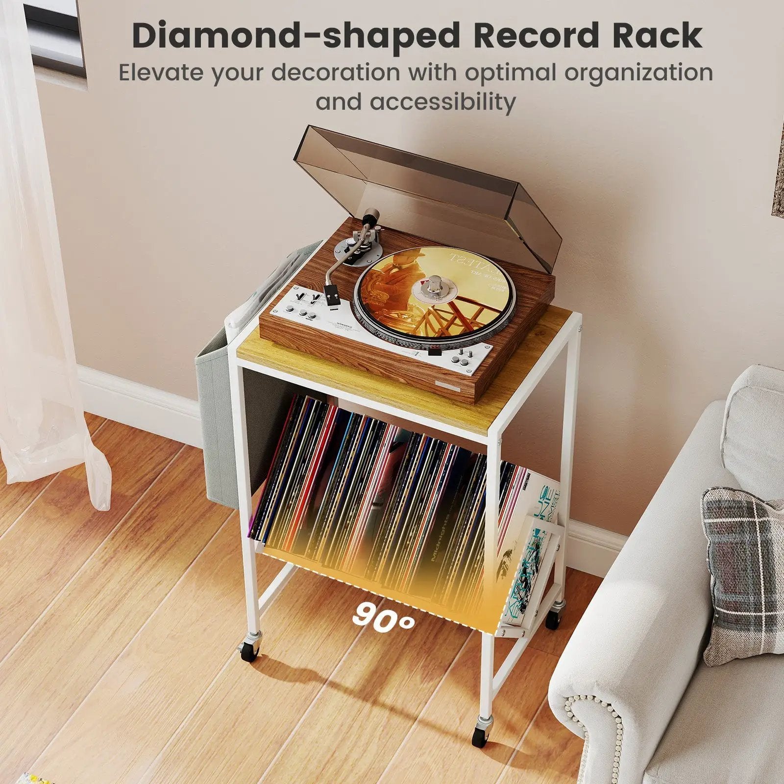 Rolling Record Player Stand 2-Tier with Vinyl Storage and Magazine Holder Bag by DirectDeals