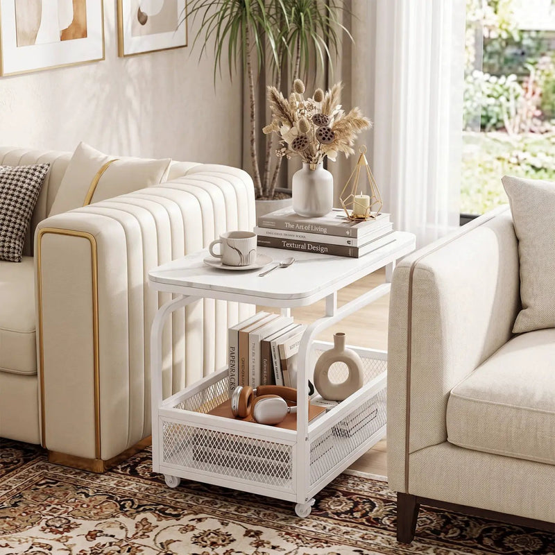 Rolling Side Table with Faux Marble Top and Storage Basket by DirectDeals