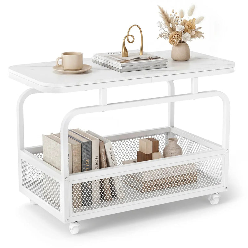 Rolling Side Table with Faux Marble Top and Storage Basket by DirectDeals