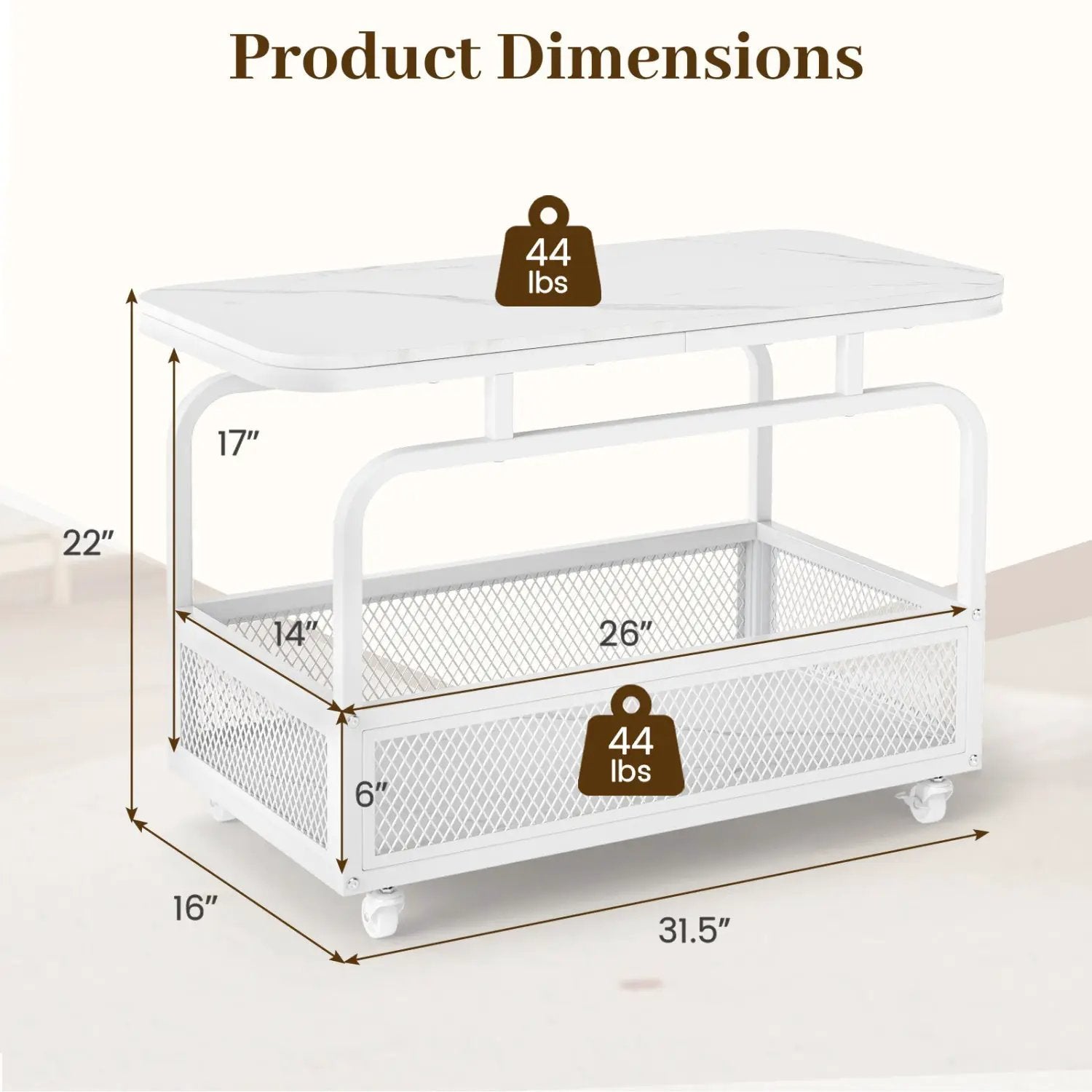 Rolling Side Table with Faux Marble Top and Storage Basket by DirectDeals