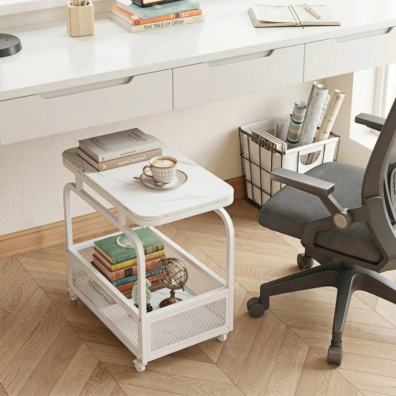 Rolling Side Table with Faux Marble Top and Storage Basket by DirectDeals