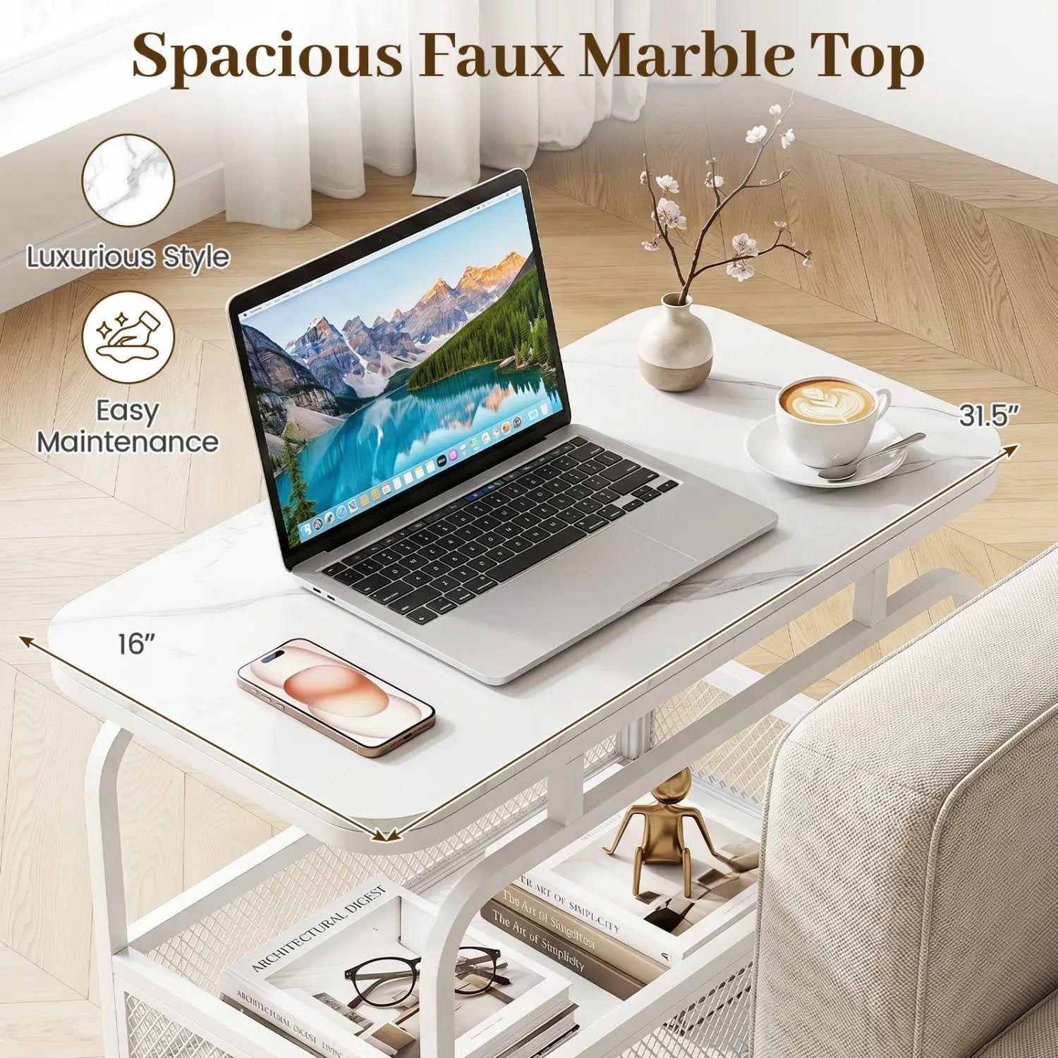 Rolling Side Table with Faux Marble Top and Storage Basket by DirectDeals