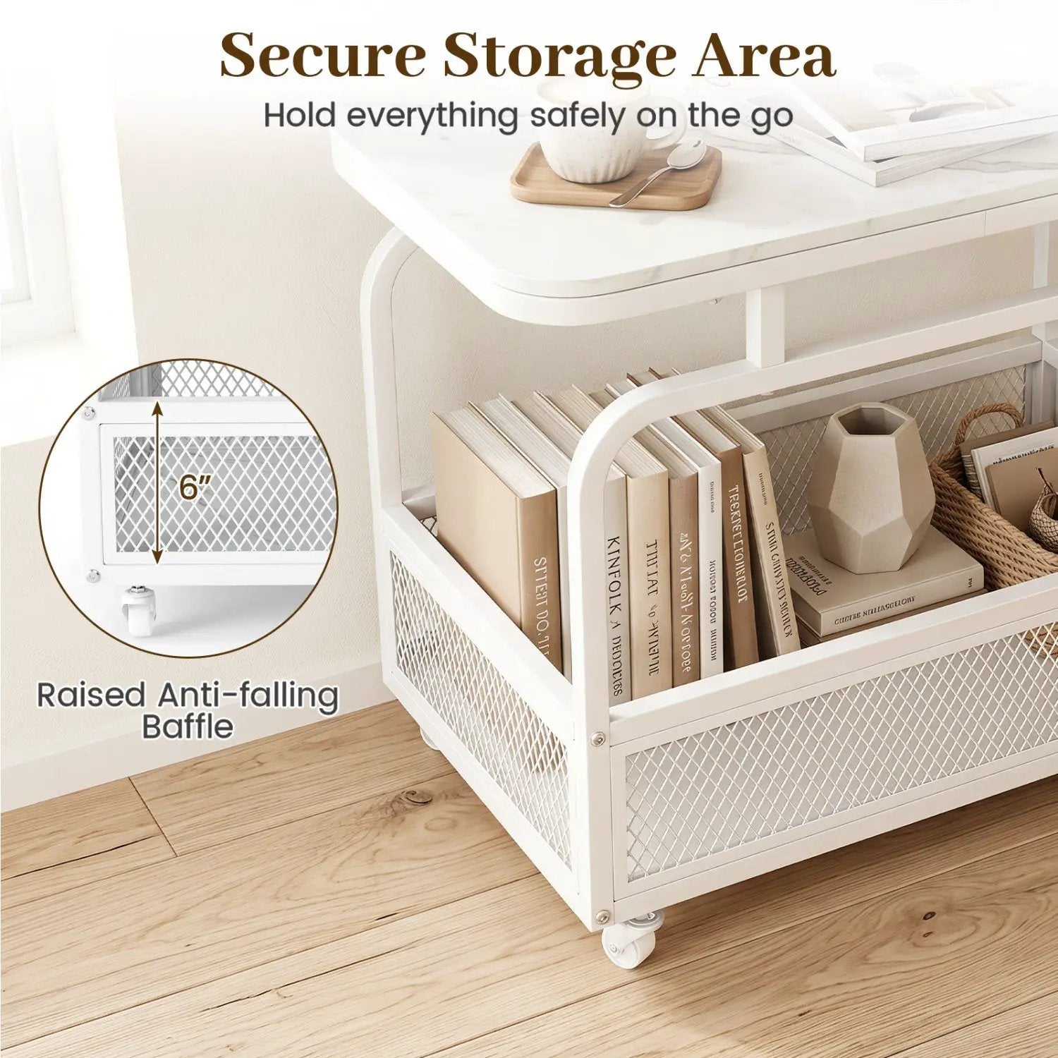 Rolling Side Table with Faux Marble Top and Storage Basket by DirectDeals