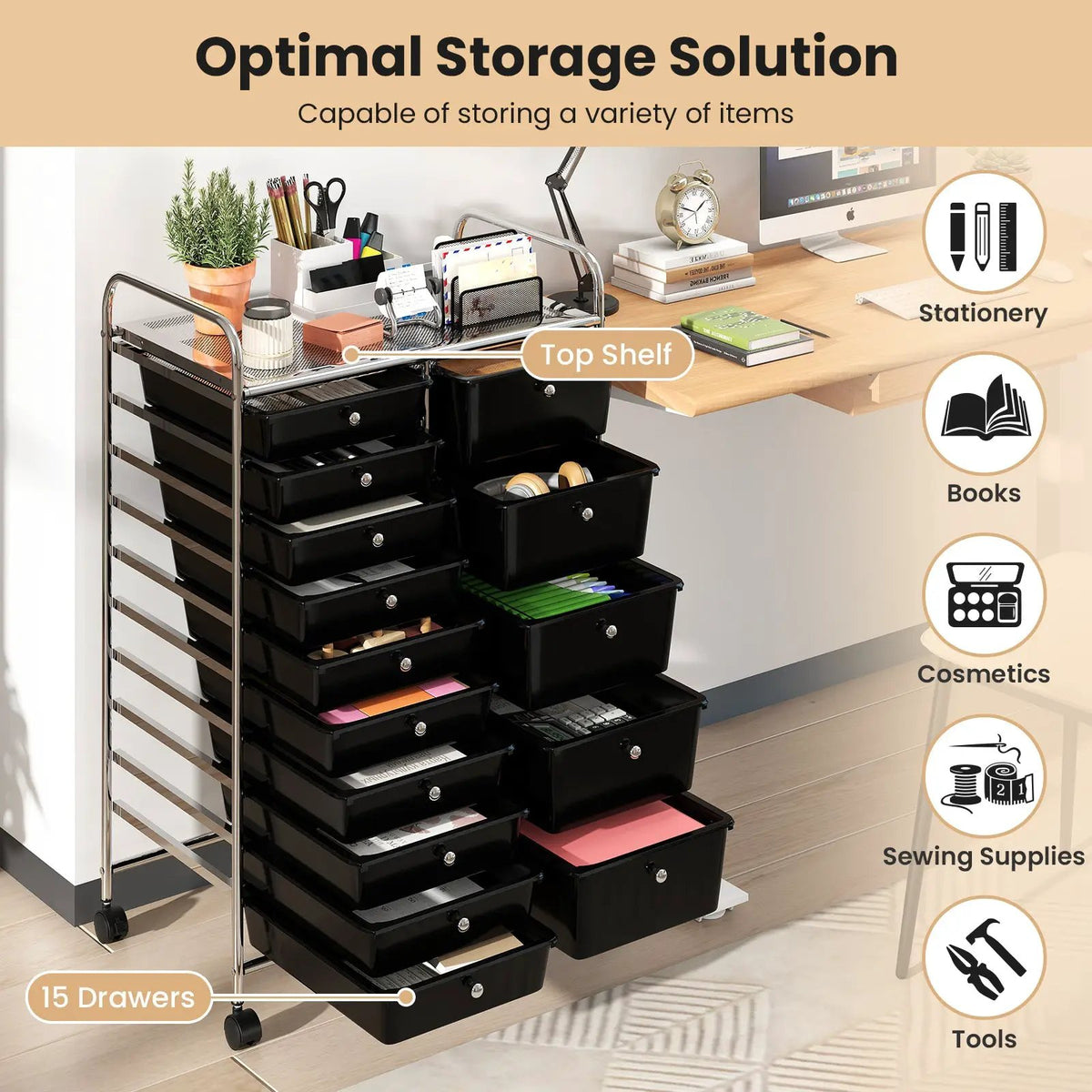 Rolling Storage Cart 15-Drawer Trolley with Chrome Plated Metal Frame, photo 24 of 24