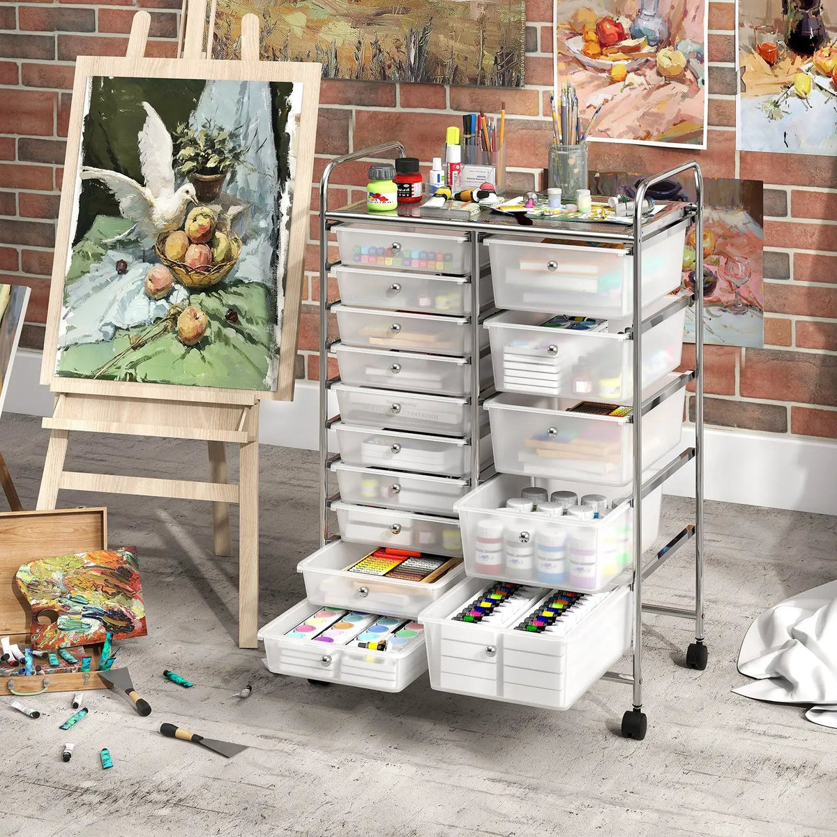 Rolling Storage Cart 15-Drawer Trolley with Chrome Plated Metal Frame, photo 16 of 24