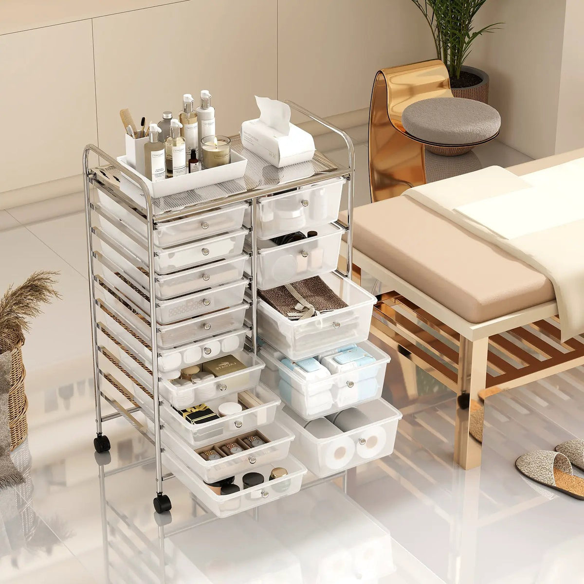 Rolling Storage Cart 15-Drawer Trolley with Chrome Plated Metal Frame, photo 19 of 24