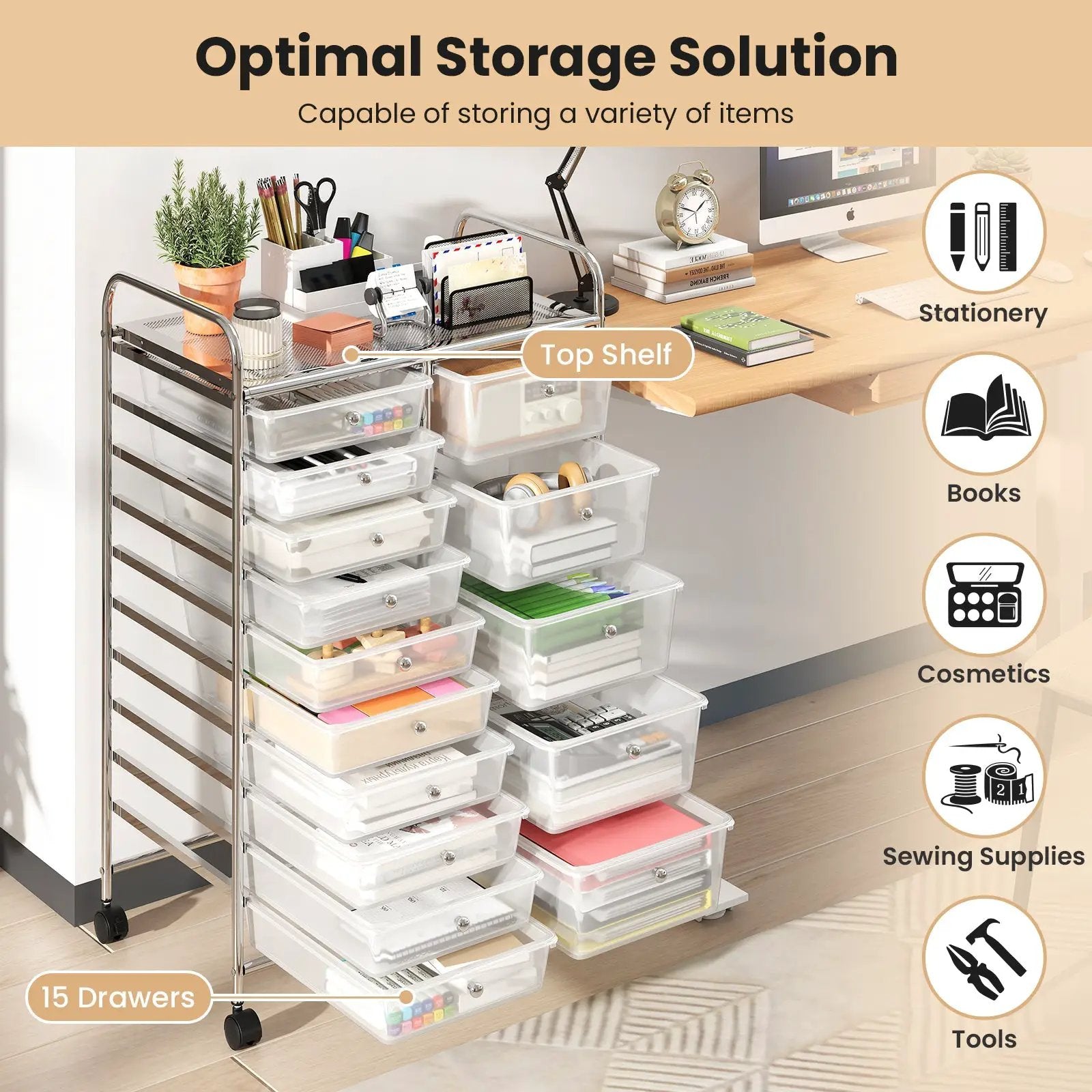 Rolling Storage Cart 15-Drawer Trolley with Chrome Plated Metal Frame by DirectDeals