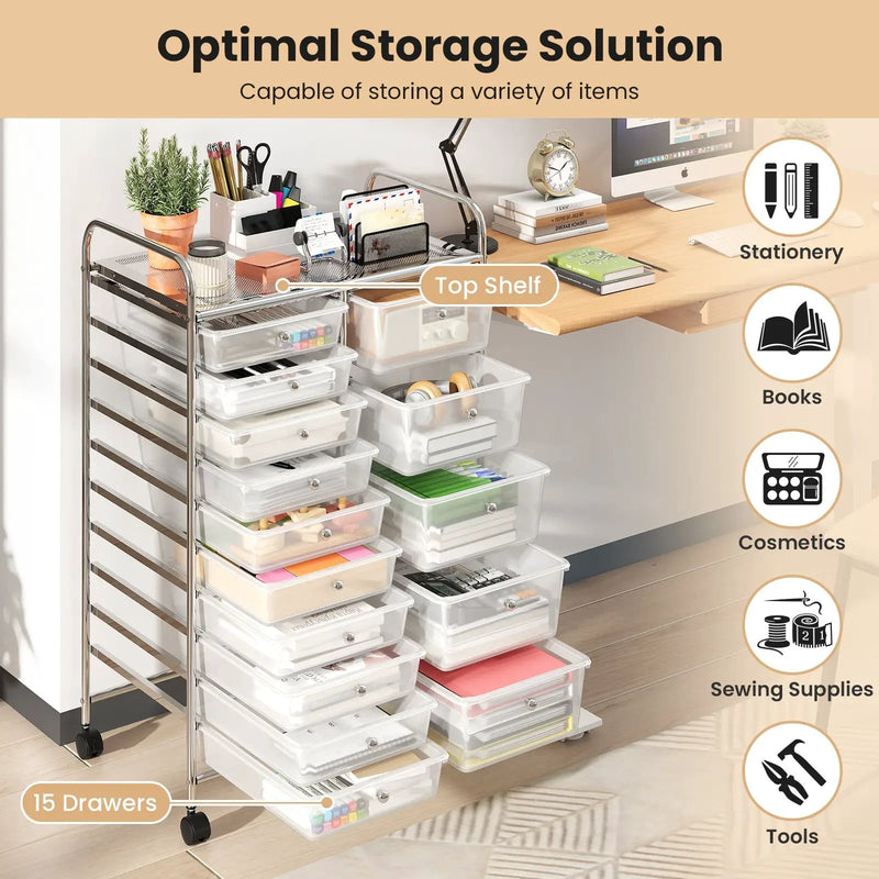 Rolling Storage Cart 15-Drawer Trolley with Chrome Plated Metal Frame by DirectDeals