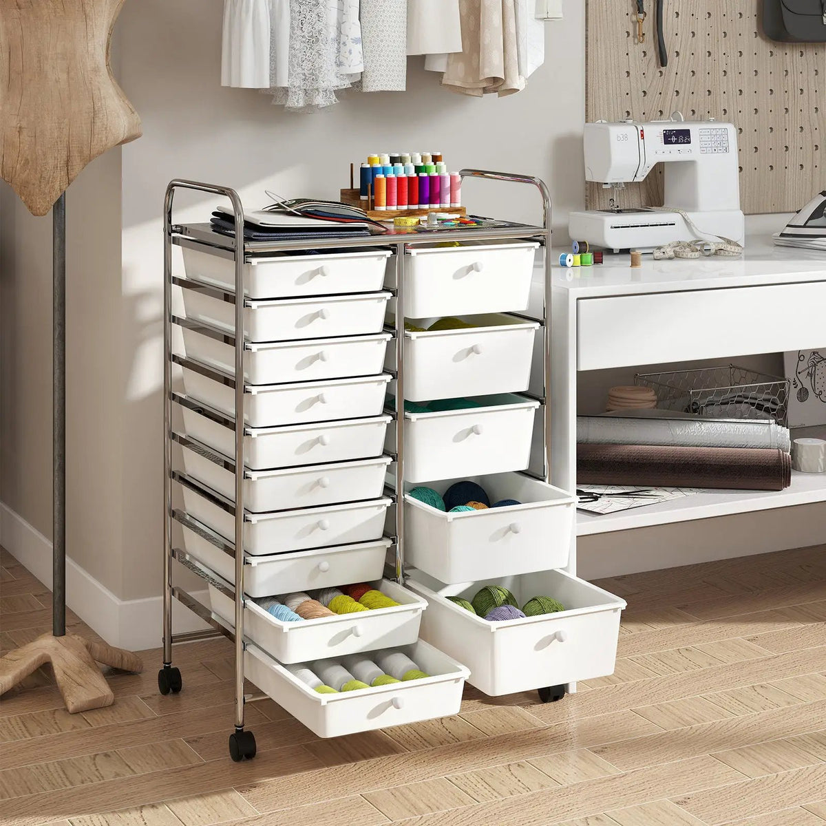 Rolling Storage Cart 15-Drawer Trolley with Chrome Plated Metal Frame, photo 4 of 24