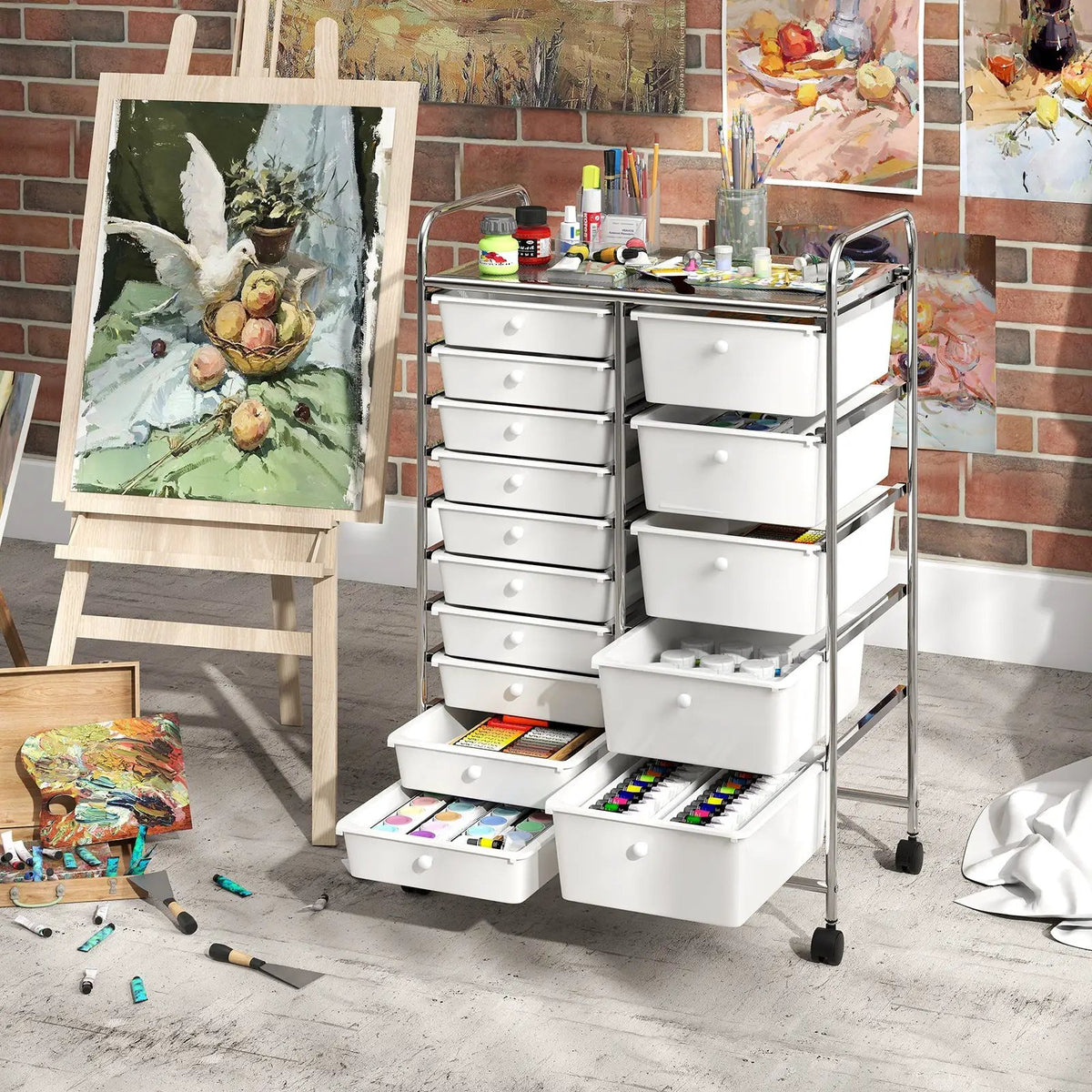 Rolling Storage Cart 15-Drawer Trolley with Chrome Plated Metal Frame, photo 17 of 24