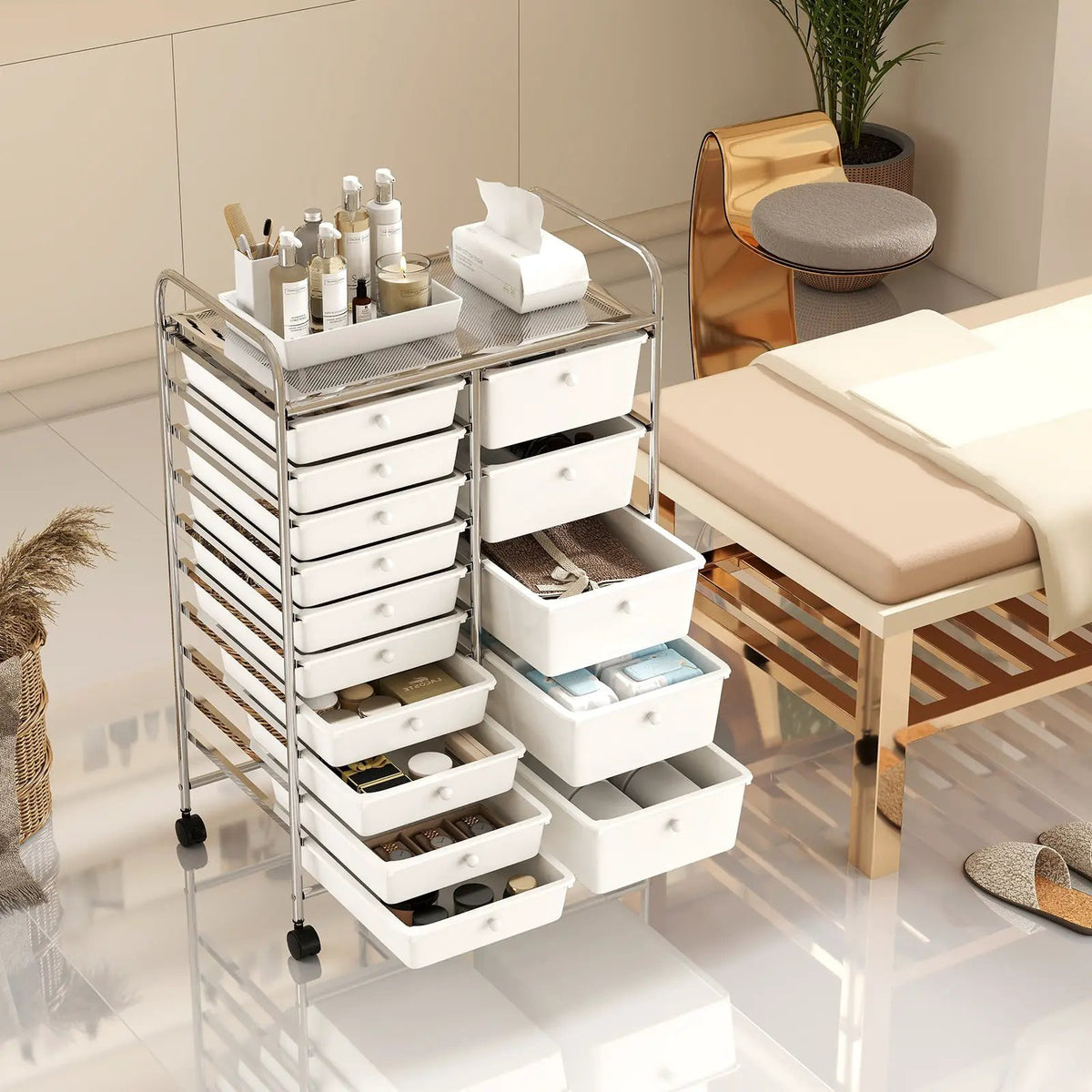 Rolling Storage Cart 15-Drawer Trolley with Chrome Plated Metal Frame, photo 20 of 24