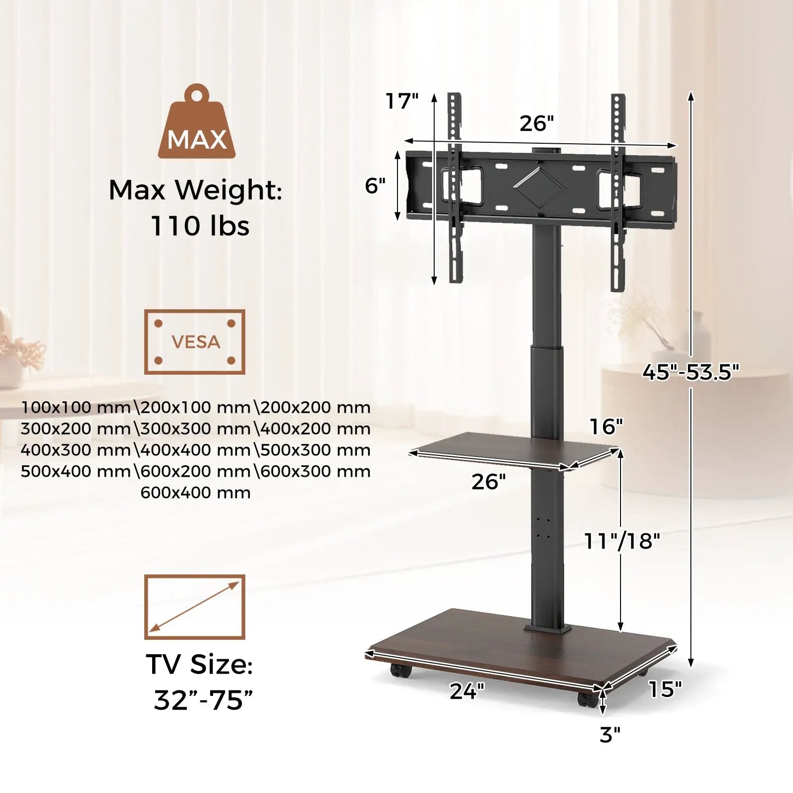 Rolling TV Stand on Wheels Mobile TV Cart for 32-75 Inch TVs Portable AV Cart by DirectDeals