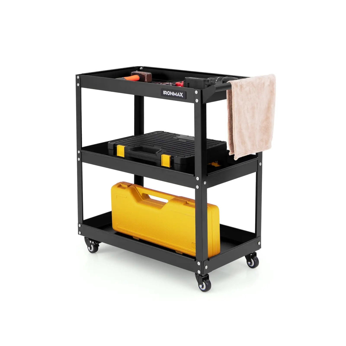 3-Tier Rolling Tool Cart with Spacious Shelves 4 Universal Wheels and 2 Brakes, photo 5 of 16