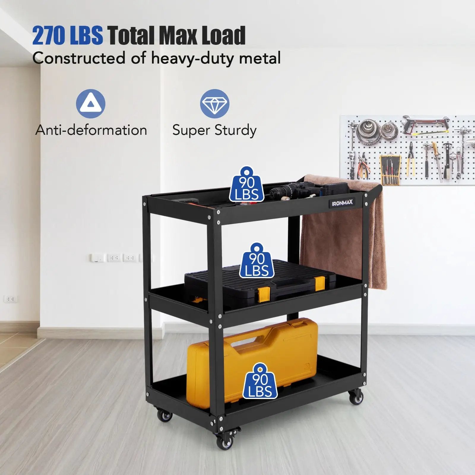 3-Tier Rolling Tool Cart with Spacious Shelves 4 Universal Wheels and 2 Brakes by DirectDeals
