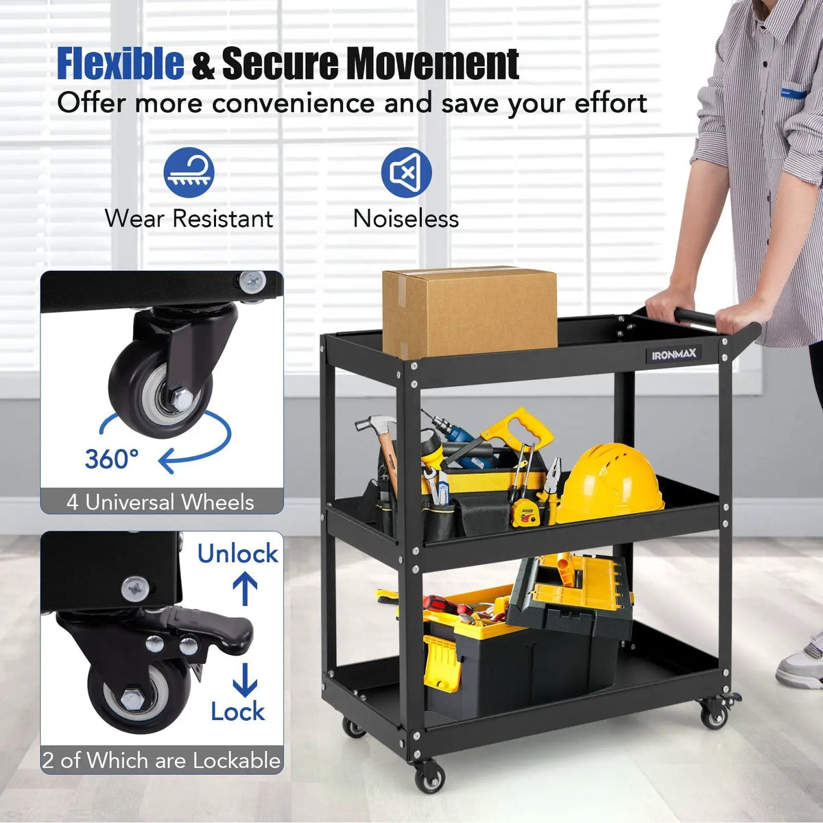 3-Tier Rolling Tool Cart with Spacious Shelves 4 Universal Wheels and 2 Brakes, photo 15 of 16