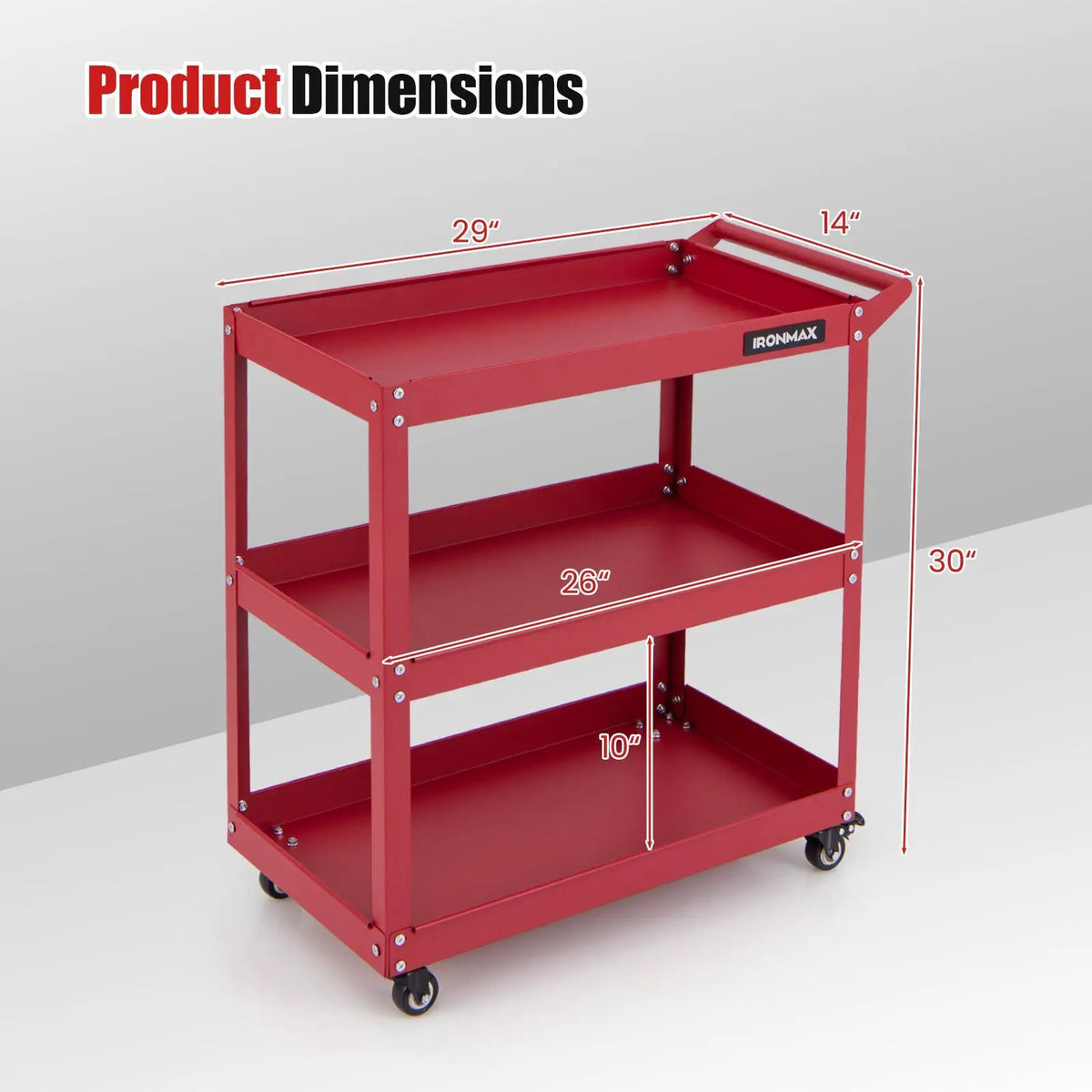 3-Tier Rolling Tool Cart with Spacious Shelves 4 Universal Wheels and 2 Brakes, photo 10 of 16